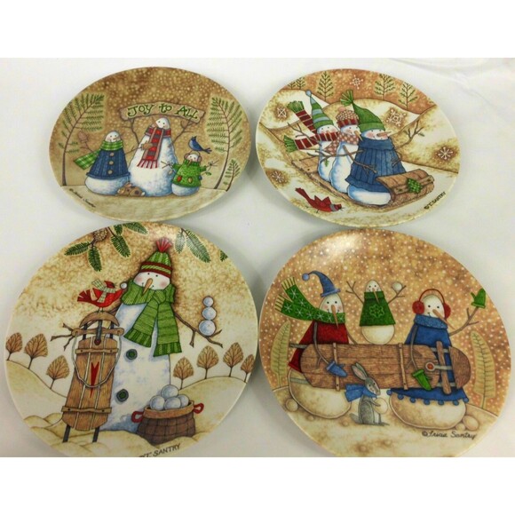 Tricia Santry Snowman Winter Scene Christmas Plate Dessert 7.75 Inch Set of 4 - Picture 1 of 5